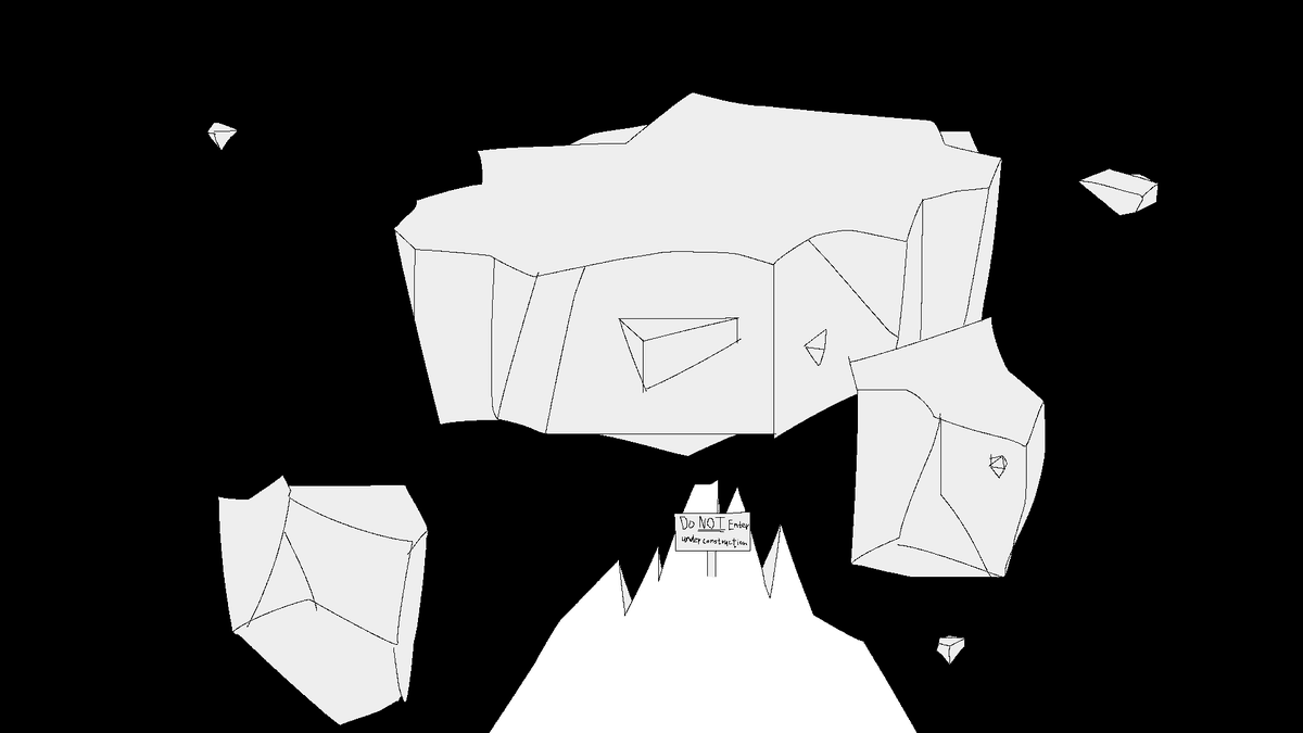 A floating island drawn in black and white with a sign reading Do NOT Enter, under construction