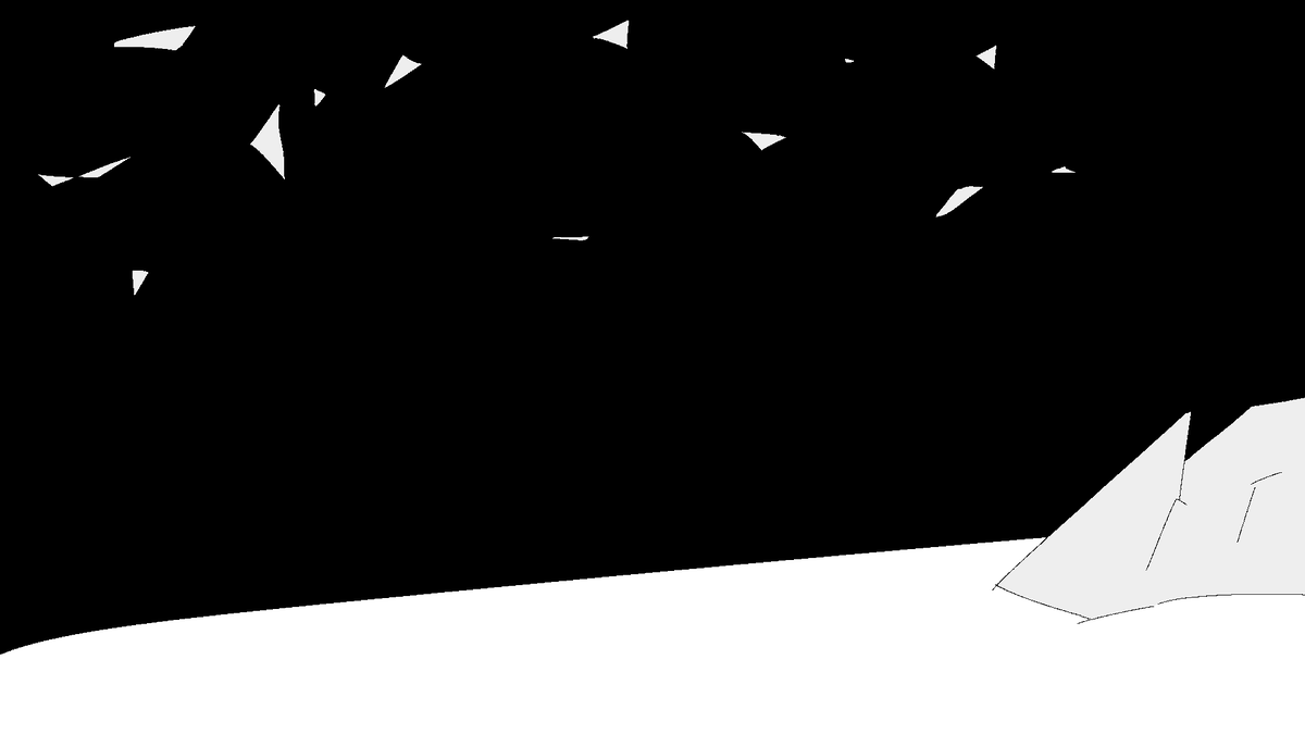 A black sky with flat white shards floating above a white ground